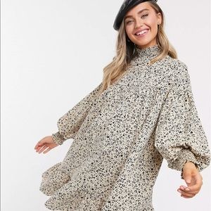 ASOS DESIGN high-neck shirred cuff mini smock dress in mini animal print NWOT